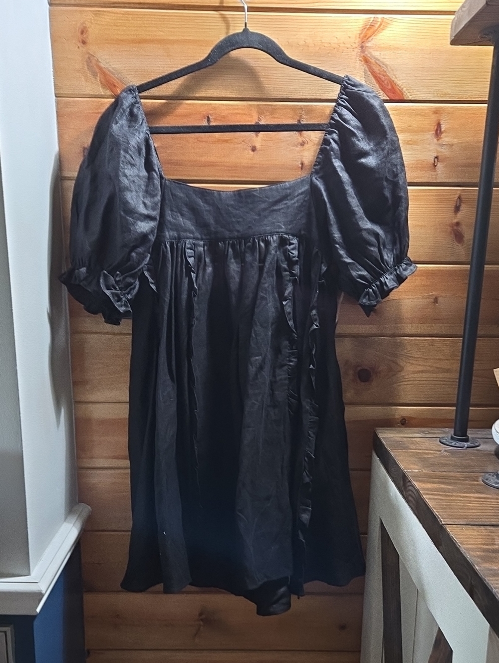 MABEL Black Puff Sleeve Square Neck Ruffle Babydoll Dress Medium NWT